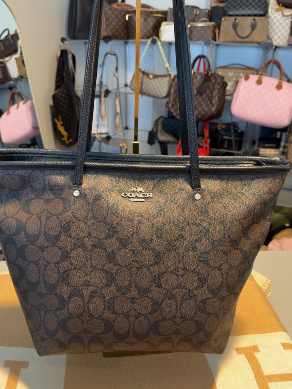 Coach Authentic Brown Signature Canvas Tote in Dark Brown and Black Trim Leather